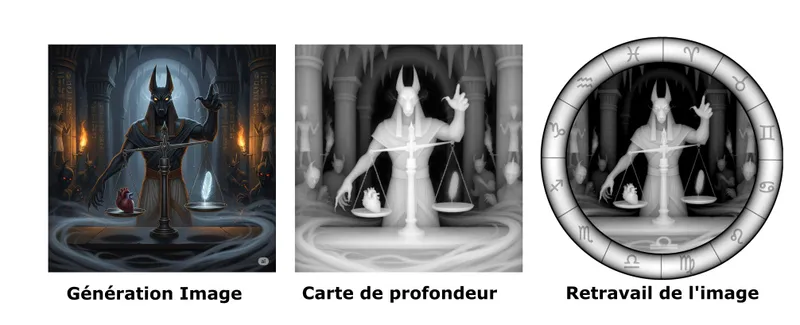 Illustration d’Anubis, carte de profondeur puis version retouchée avec un contour circulaire