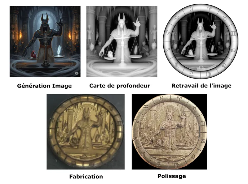 Parcours d’un médaillon : image, préparation du relief, fabrication puis polissage